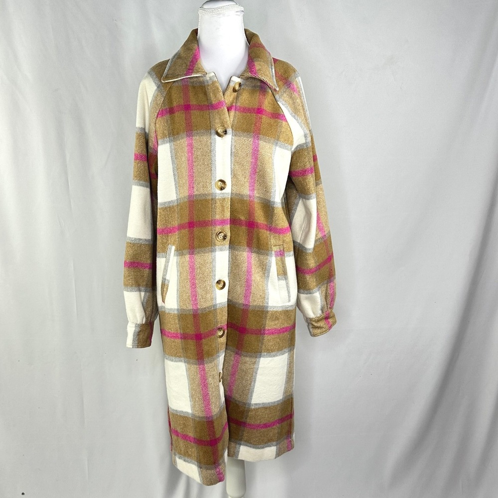 Skies Are Blue Women XS Longline Shacket Tan Pink Plaid Preppy Cozy